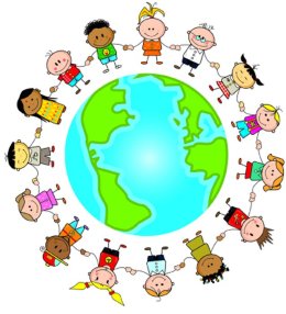 children with hands held round globe